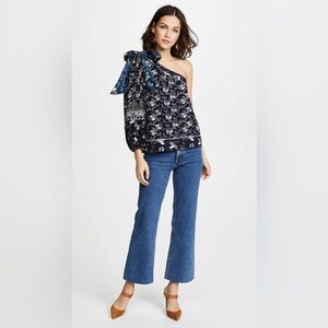 Ulla Johnson Navy Blue Print Asima One Shoulder Bow Sleeve Blouse Top‎